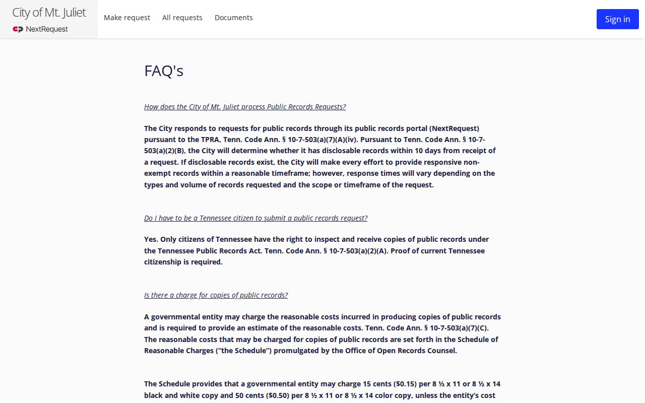 Mount Juliet residents directory NextRequest public records FAQ page