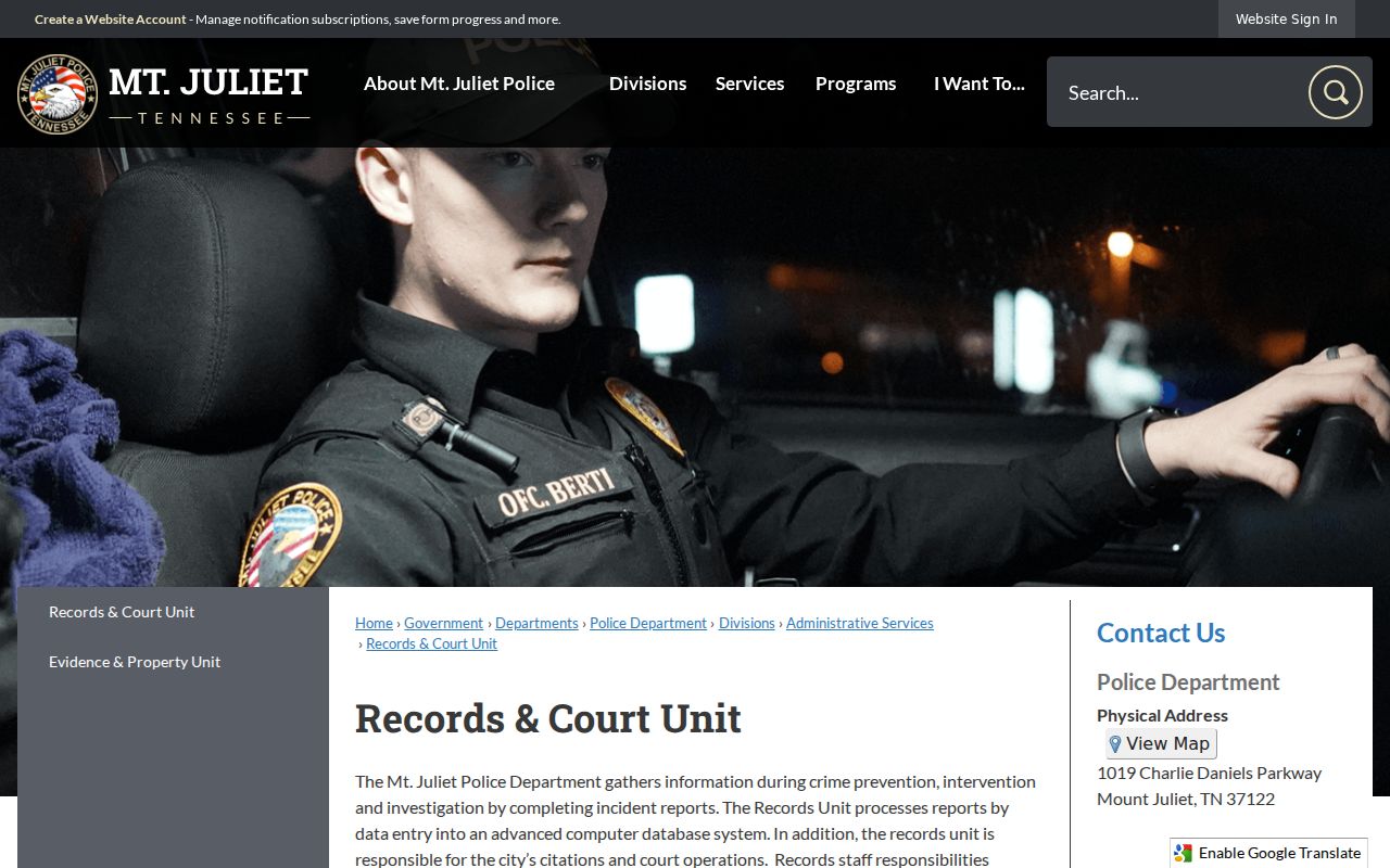 Mount Juliet resident lookup at the Police Records and Court Unit